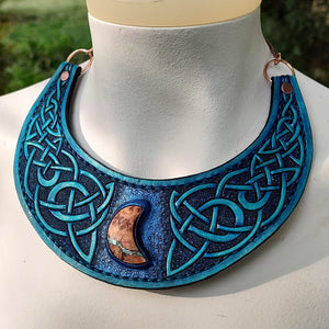 Celtic Bib Collar Necklace with Douglas Fur and Turquoise Cresent Focal