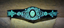 Load image into Gallery viewer, Hand Tooled Black Leather Cuff with Vintage Kingman Turquoise Inlay