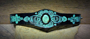 Hand Tooled Black Leather Cuff with Vintage Kingman Turquoise Inlay