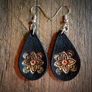 Hand Tooled Leather Gold Floral Petite Teardrop Earrings