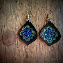 Load image into Gallery viewer, Hand Tooled Leather Blue/Green Mandala Tear Drop Earrings