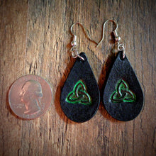 Load image into Gallery viewer, Hand Tooled Leather Green Celtic Petite Tear Drop Earrings