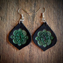 Load image into Gallery viewer, Hand Tooled Leather Green Mandala Tear Drop Earrings
