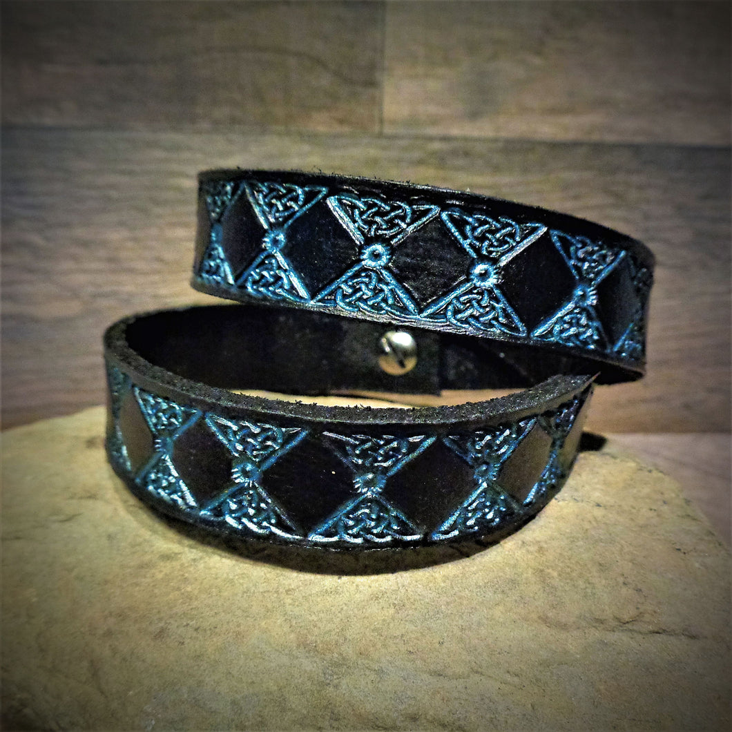 Hand Tooled Black and Metallic Teal Leather Wrap Cuff