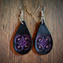 Load image into Gallery viewer, Hand Tooled Leather Purple Geometric Petite Tear Drop Earrings