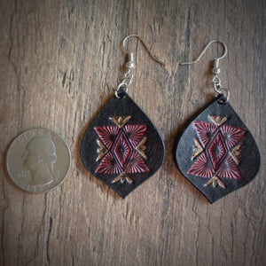 Hand Tooled Leather Red Geometric Tear Drop Earrings