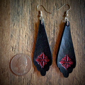 Hand Tooled Black Leather Red Floral Scallop Drop Earring