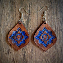 Load image into Gallery viewer, Hand Tooled Leather Blue Mandala Tear Drop Earrings