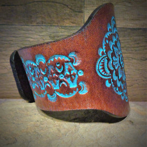 Hand Tooled Turquoise Mandala Leather Cuff