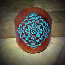 Load image into Gallery viewer, Hand Tooled Turquoise Mandala Leather Cuff