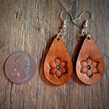 Load image into Gallery viewer, Hand Tooled Leather Floral Petite Tear Drop Earrings