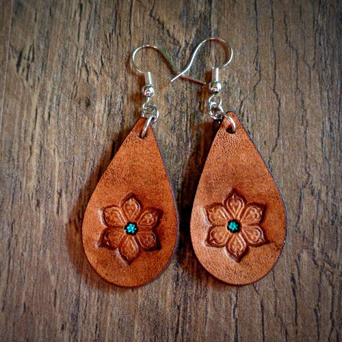 Hand Tooled Leather Floral Petite Tear Drop Earrings