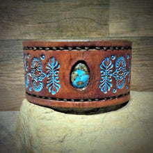 Load image into Gallery viewer, Hand Tooled Leather Cuff with Stormy Mountain Turquoise Inlay