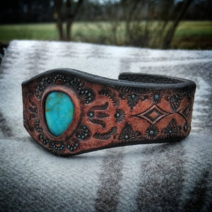 Hand Tooled Petite Leather Cuff with Vintage American Turquoise Inlay