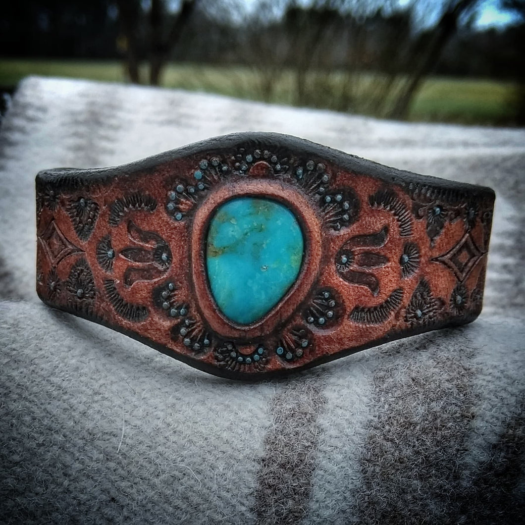 Hand Tooled Petite Leather Cuff with Vintage American Turquoise Inlay