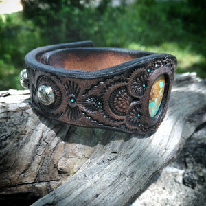 Hand Tooled Leather Cuff with Vintage Pilot Mt. Turquoise Inlay