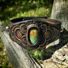 Load image into Gallery viewer, Hand Tooled Leather Cuff with Vintage Pilot Mt. Turquoise Inlay