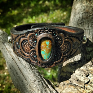 Hand Tooled Leather Cuff with Vintage Pilot Mt. Turquoise Inlay