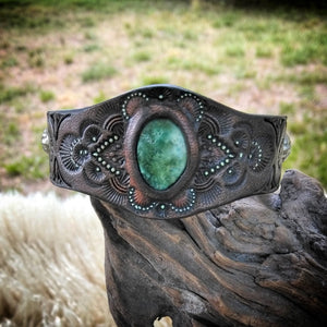 Hand Tooled Leather Cuff with Vintage American Mined Turquoise Inlay