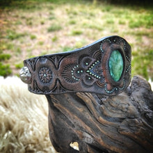 Load image into Gallery viewer, Hand Tooled Leather Cuff with Vintage American Mined Turquoise Inlay