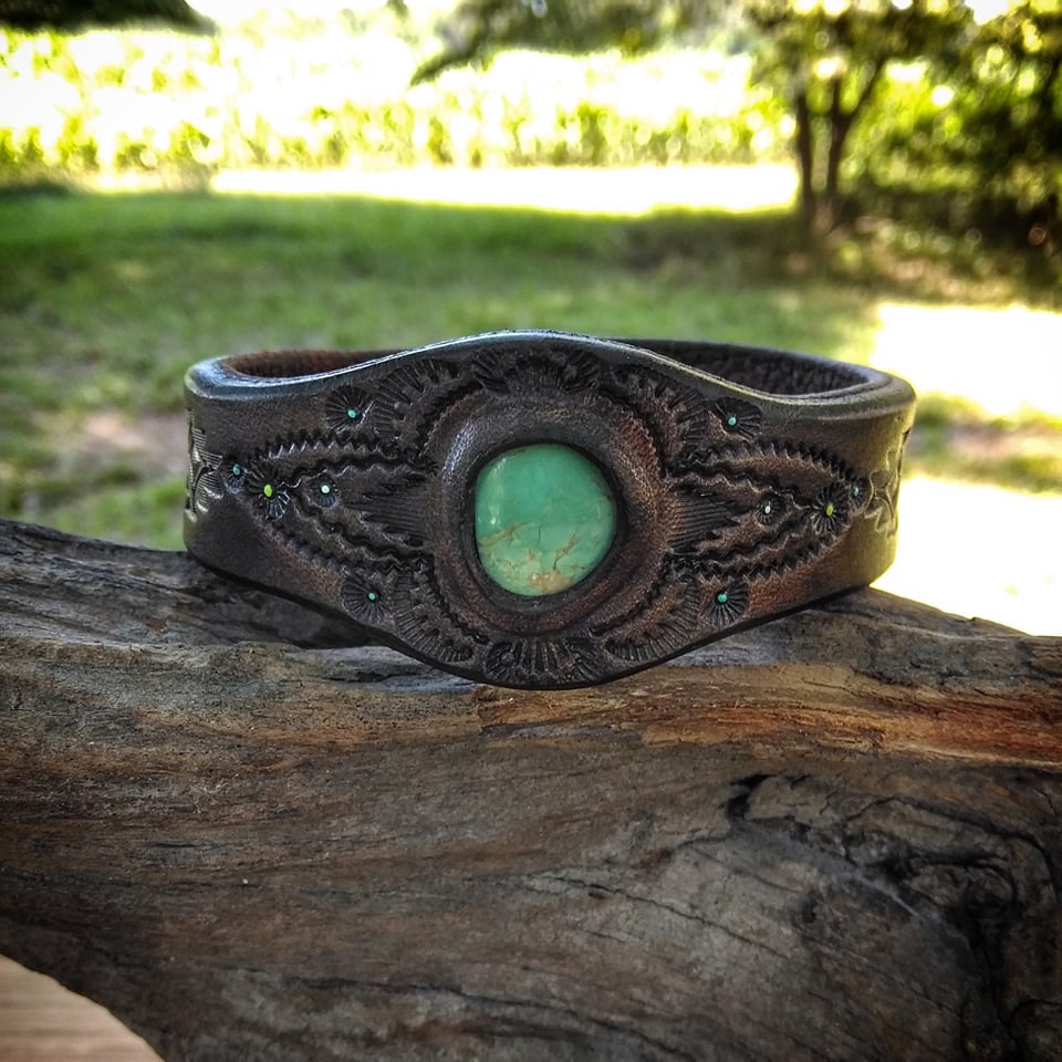 Hand Tooled Leather Cuff with Royston Turquoise Inlay
