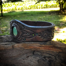 Load image into Gallery viewer, Hand Tooled Leather Cuff with Royston Turquoise Inlay