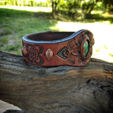 Load image into Gallery viewer, Hand Tooled Leather Cuff with Tyrone Turquoise Inlay
