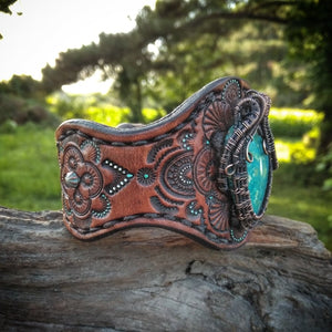 Wire Woven Pilot Mountain Turquoise Leather Cuff