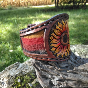 Hand Tooled Sunflower Leather Cuff with Pendleton Wool Inlay Accent