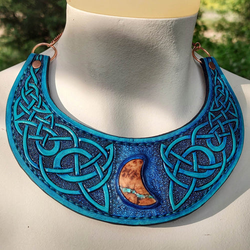 Celtic Bib Collar Necklace with Douglas Fur and Turquoise Cresent Focal
