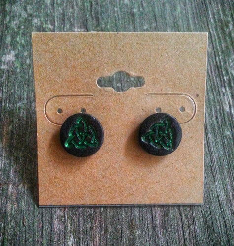 Hand Tooled Leather Green Celtic Triquetra Stud Earrings