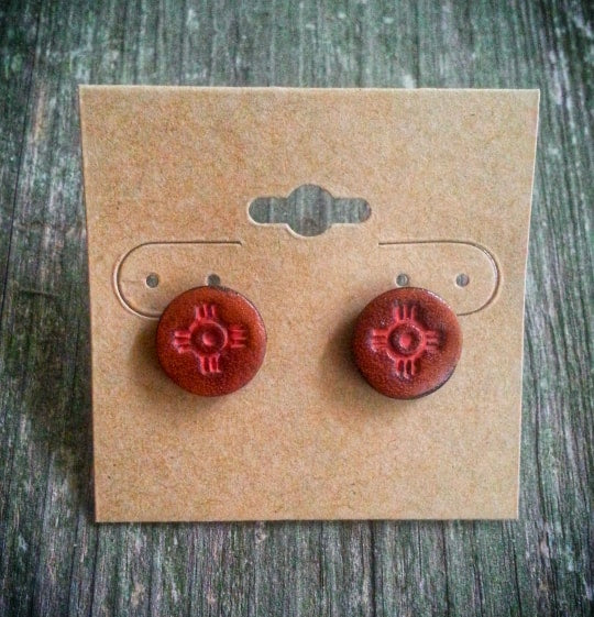 Hand Tooled Leather Coral Native Sun Symbol Stud Earrings