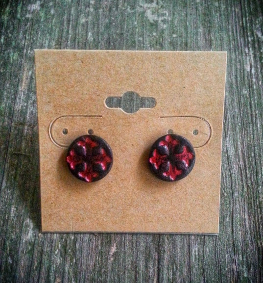 Hand Tooled Leather Red Cross Stud Earrings