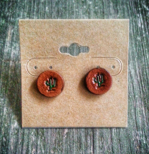 Hand Tooled Leather Cactus Stud Earrings