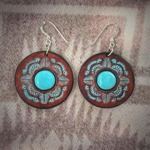 Hand Tooled Leather and Baja Turquoise Inlay Earrings
