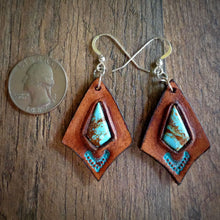 Load image into Gallery viewer, Hand Tooled Leather and Baja Turquoise Inlay Earrings