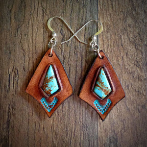 Hand Tooled Leather and Baja Turquoise Inlay Earrings