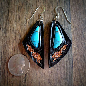 Hand Tooled Leather and Nacozari Turquoise Inlay Earrings