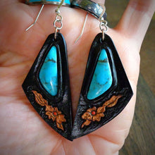 Load image into Gallery viewer, Hand Tooled Leather and Nacozari Turquoise Inlay Earrings