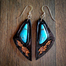 Load image into Gallery viewer, Hand Tooled Leather and Nacozari Turquoise Inlay Earrings