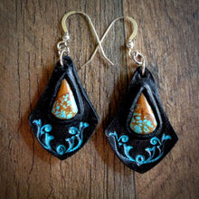 Load image into Gallery viewer, Hand Tooled Leather And No.8 Turquoise Inlay Earrings