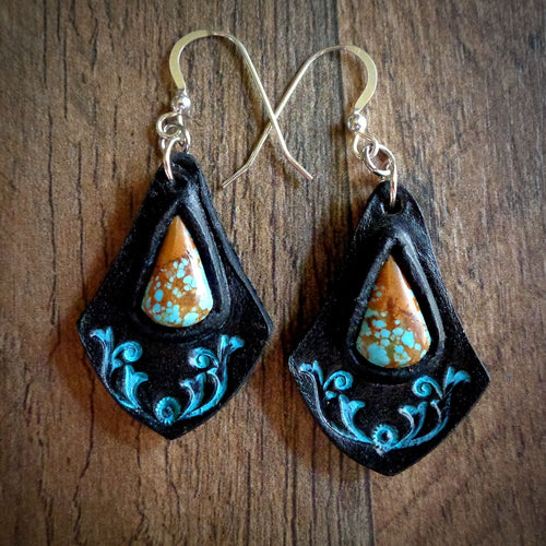 Hand Tooled Leather And No.8 Turquoise Inlay Earrings