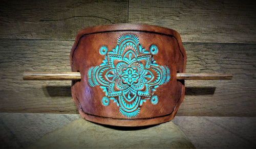 Hand Tooled Turquoise Mandala Leather Stick Barrette