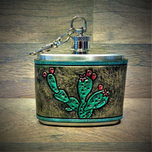 Load image into Gallery viewer, Prickly Pear Cactus Hand Tooled Leather Wrap Steel Clip Flask