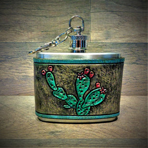 Prickly Pear Cactus Hand Tooled Leather Wrap Steel Clip Flask