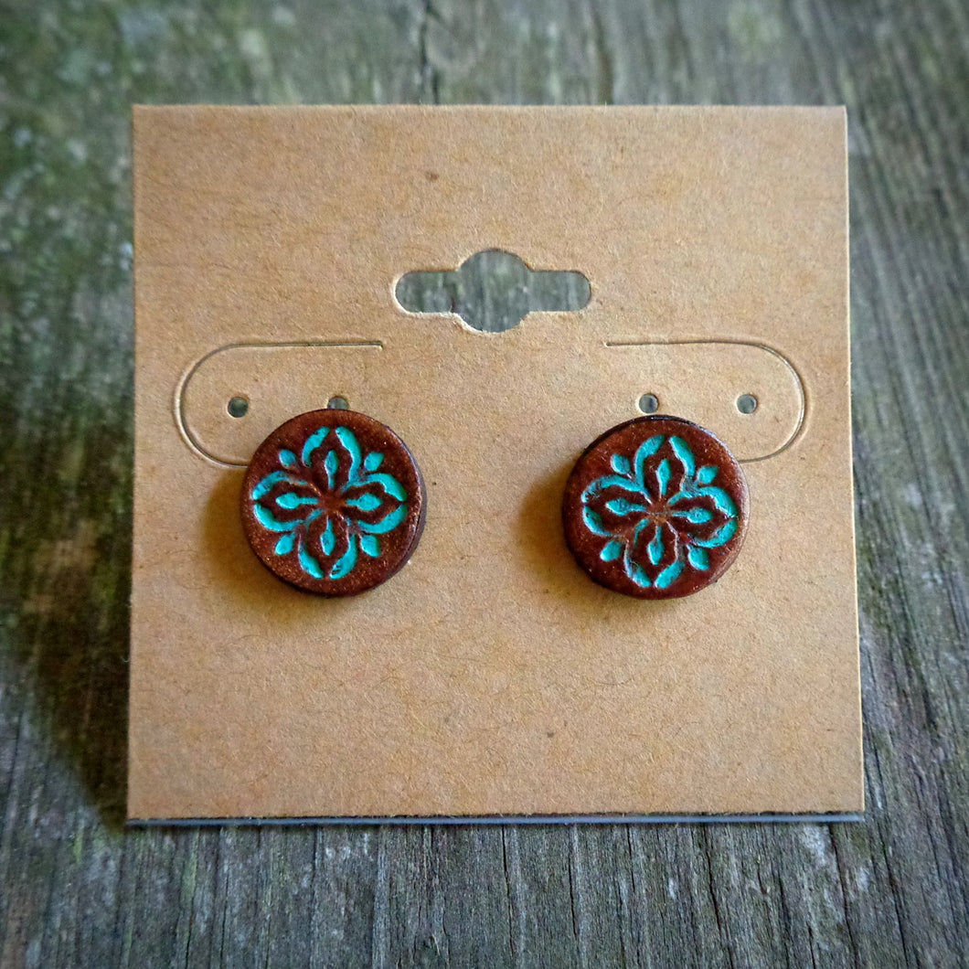 Hand Tooled Leather Turquoise Floral Stud Earrings