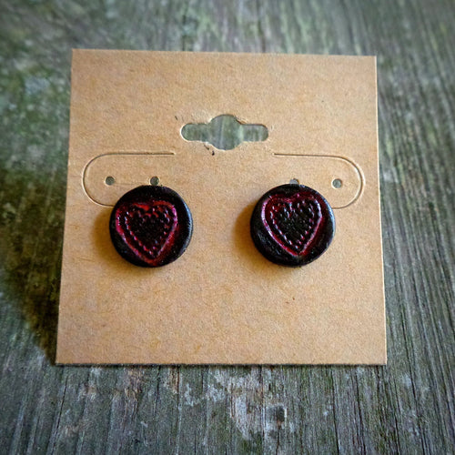 Hand Tooled Leather Red Heart Stud Earrings