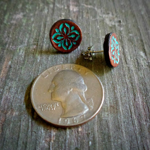 Hand Tooled Leather Turquoise Floral Stud Earrings