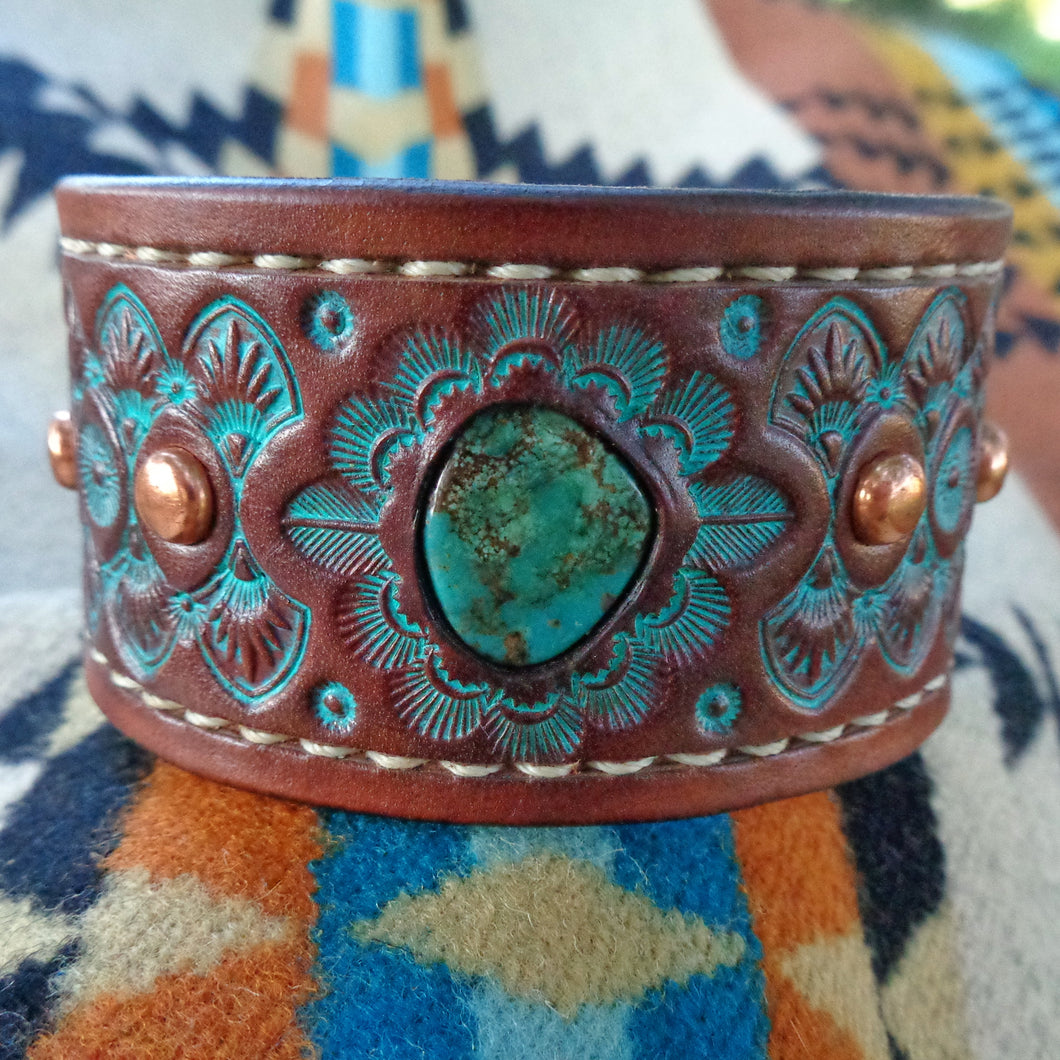 Hand Tooled Leather Cuff with Vintage Royston Turquoise Inlay