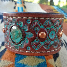 Load image into Gallery viewer, Hand Tooled Leather Cuff with Vintage Royston Turquoise Inlay